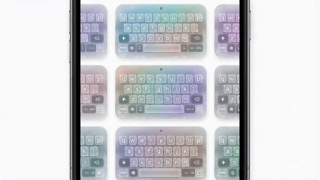 һ��չʾ Liquid Glass Keyboard ����Ƥ��ѡ������ͼƬ������Ϊ�ֻ���Ļ�ϵ����⻭�ȣ�����Ϊ����״���ж��Ų�ͬ��ɫ�İ�͸������Ԥ����Ƭ�����Ϊ���¿Ƽ��磬ϸ�ڰ���ÿ�ſ�Ƭ�ϵĲ����ʸа���������ɫ�ʹ�����Ȼ����ƬԲ����ƣ���������������ɾ����޶���Ԫ��
