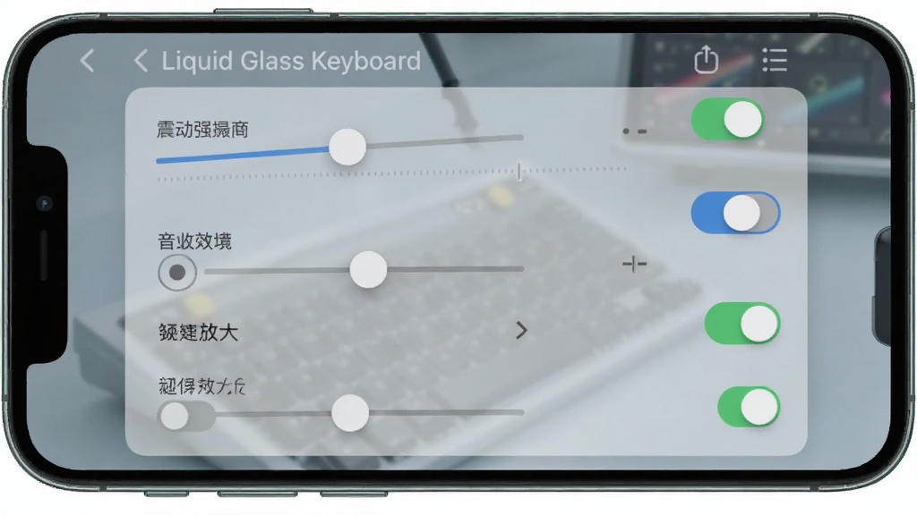 һ��չʾ Liquid Glass Keyboard ��������ͼƬ������Ϊ�ֻ���Ļ�ϵ��Զ���ѡ���б�������Ϊ�������еĻ���Ϳ��ؿؼ������Ϊ������ý��棬ϸ�ڰ�����ǿ�Ȼ��顢��Чѡ���б��������Ŵ󿪹ء���͸�������ʸеĽ��汳�������ʸ��壬����ɾ����޶���Ԫ��