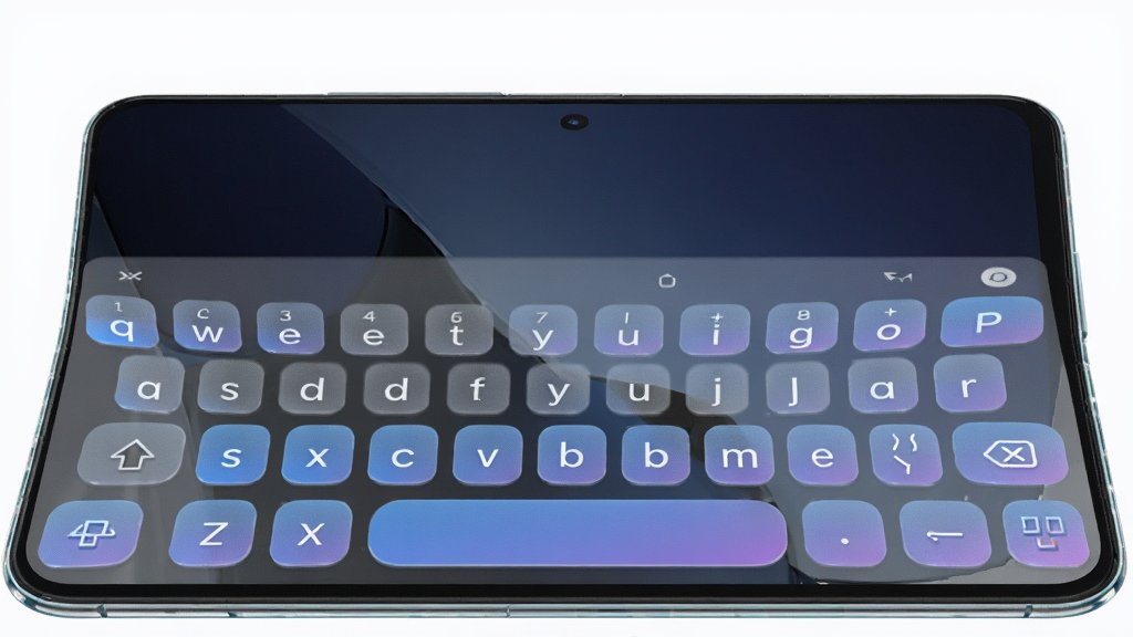 һ��չʾ Liquid Glass Keyboard �ֻ����뷨����Ĳ�Ʒչʾͼ������Ϊһ��������׿�ֻ�����Ļ�ײ���ʾ��͸��ĥɰ�ʸеļ������򣬰�����Բ�Ǿ��β��������Ͻ�������ֻ�����Ϊ��ɫ�����ֽ������Ϊ���й�ͼ���ֻ���΢��б�����Ϊ�ִ��Ƽ��в�Ʒ��Ⱦ��ϸ�ڰ������̰����ϵ���ĸ�����ɼ������������Ե����͵Ļ����⣬���ʸ��壬����ɾ����޶���Ԫ��