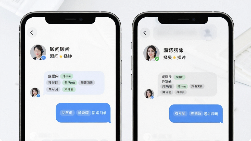 交友软件顾问服务沟通界面,主体为手机屏幕与对话气泡,布局左右分栏,排版清晰,风格简约商务,细节包含顾问头像与择偶标签,画质清晰,干净,无多余元素
