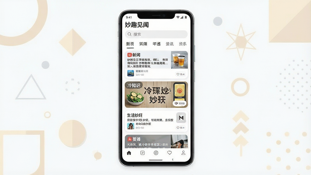 һ���ֻ�Ӧ�ý���չʾͼ������������һ��������׿�ֻ�����Ļ�ڳ��֡���Ȥ���š���Ϣ����ҳ����������������Ƶ����ǩ���в�Ϊͼ�Ŀ�Ƭ�б����������š���֪ʶ���������еȲ�ͬ������ʽ���ײ�Ϊ���������ֻ���Χ�Լ���ǳɫ����ͼ������׺�����岼�־��жԳƣ����Ϊ��ˬ��ƽ��UIչʾ�磬ϸ����ע�⿨ƬԲ�ǡ�ͼ�������������Ű����룬���ʸ��壬����ɾ����޶���Ԫ��