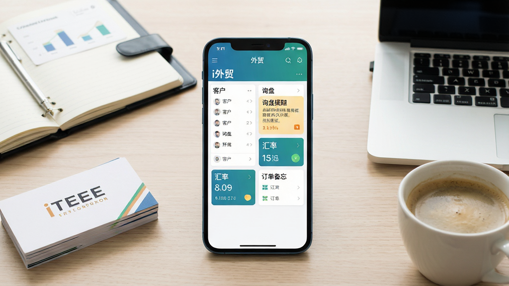 一张展示手机端外贸业务管理应用界面的场景图,画面中央是一部竖屏智能手机,屏幕上显示“i外贸”应用主工作台,包含客户列表、询盘提醒、汇率卡片和订单备忘四个模块,手机左侧放置一叠外贸名片与一本翻开的笔记本,右侧有一杯咖啡和一台笔记本电脑,背景为简洁的浅木色办公桌面,整体采用明亮写实的商业摄影风格,光线柔和均匀,画面干净整洁,无多余装饰元素,高清画质