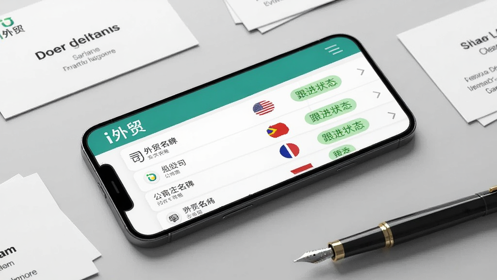 画面主体为一部横放的智能手机,屏幕显示“i外贸”客户管理列表界面,列表项包含公司名称、国家旗帜图标与跟进状态标签,手机周围散落着几张带有英文公司名的名片和一支钢笔,背景为浅灰色桌面,构图采用俯拍视角,风格为干净简约的商务静物摄影,细节清晰,画质细腻,画面无杂乱元素