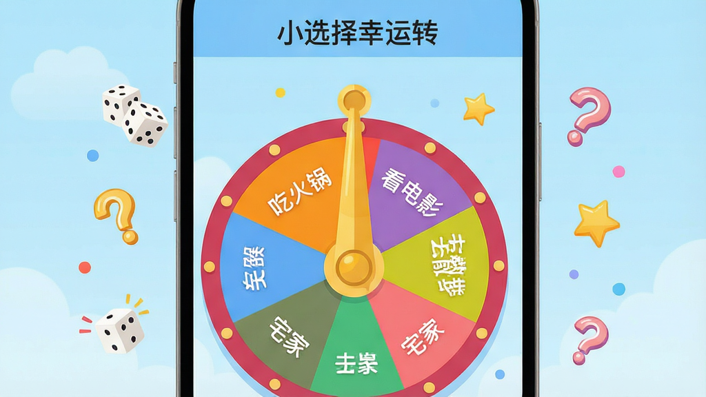 һ��չʾ��Сѡ������ת��Ӧ����������ֻ���ͼ���廭������������ɫ�����޵�Բ������ת�̣�ת�̱��ֳɶ����ɫ��������ÿ������д�С��Ի����������Ӱ����ȥɢ������լ�ҡ�������ѡ�ת�̶����н�ɫָ�룬��������͵�ǳ��ɫ���䣬��ΧƯ�������ӡ��ʺš����ǵ�ȤζСͼ�꣬������������죬��ƽ����ƣ����������ɾ����޶���Ԫ�أ�ͼƬ�����֡�Сѡ������ת��λ�ڶ���������
