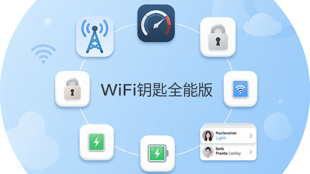 ��������ΪWiFiԿ��ȫ�ܰ�Ĺ���ͼ����ϣ��������������ơ�WiFiԿ��ȫ�ܰ桱�����ֲܷ��ź����������Ǳ��̡�����ͼ�ꡢ���ͼ�����ȵ��б�С��Ƭ������ΪԲ�λ���ʽ�Ű棻���Ϊ���ʸ���廭��ǳ�����䱳����ϸ�ڰ���ϸ�����ӡ�Բ��ͼ�ꡢ�����Ӱ�����ʸ��壬����ɾ����޶���Ԫ��
