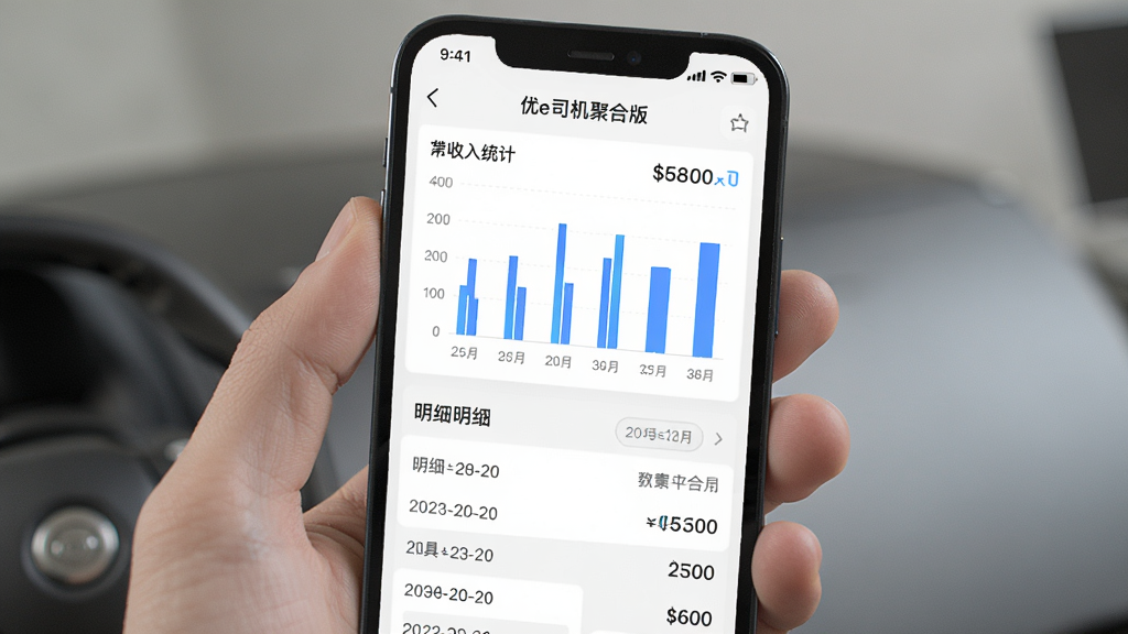 画面主体为手机屏幕展示收入统计图表与