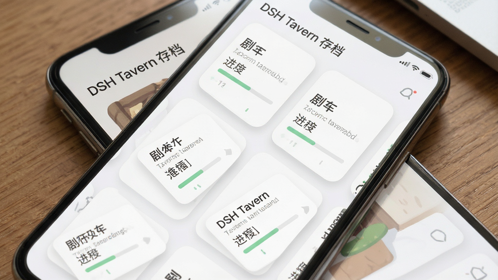 一张展示DSH Tavern存档管理界面的场景图,画面为手机屏幕特写,屏幕内显示多个存档卡片排列成网格状,每张卡片包含剧本名称与进度条,布局上手机倾斜放置于桌面,风格为简约清新的界面设计,细节包含柔和的阴影与圆角卡片,画质清晰干净,画面中文字为