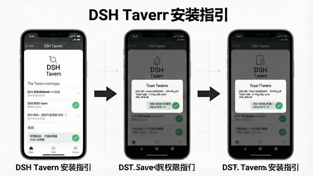 一张展示DSH Tavern安装与权限设置流程的示意图,画面为手机屏幕分步骤展示安装界面与权限弹窗,布局采用三格横向排列展示操作步骤,风格为简洁的步骤说明图,细节包含勾选标记与箭头指示,画质清晰干净,画面中文字为