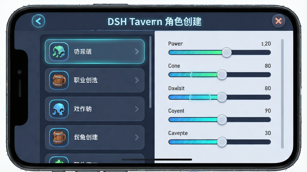 一张展示DSH Tavern角色创建界面的示意图,画面主体为手机屏幕中的角色属性面板,左侧为职业选择列表,右侧为属性数值滑块,布局采用左右分栏结构,风格为科技感轻拟物设计,细节包含发光的进度条与图标,画质清晰干净,画面中文字为