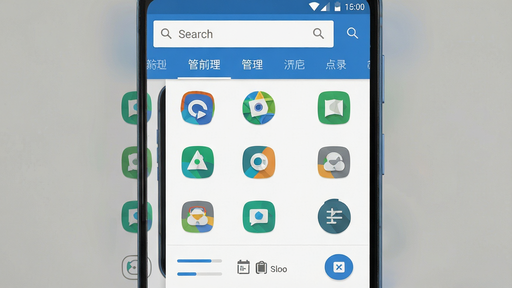 һ�Ű�׿�ֻ�����չʾӦ�ù���������ҳ�棬�����������������е�Ӧ��ͼ�����񣬶�����������������ǩ�����岼�����������Ϊ�ִ���ƽ����ƣ�ϸ�ڰ����洢ռ�ý�����������ѡ��ť�����ʸɾ��������޶���Ԫ��