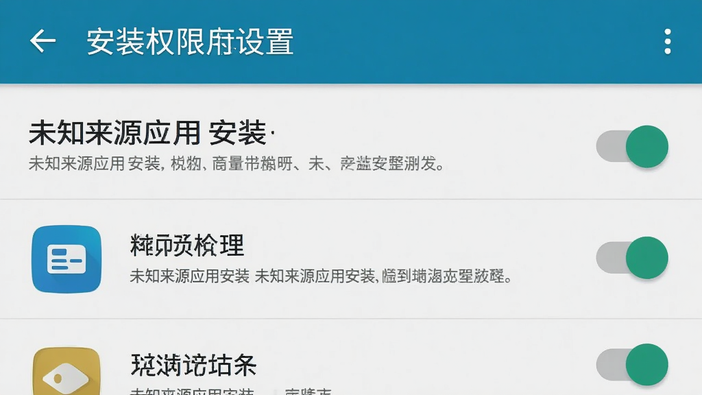 手机游戏安装权限设置界面示意图,画面主体为安卓手机设置页面中“未知来源应用安装”权限开关,布局为上方标题加下方应用列表与开关按钮,风格为简洁系统设置界面截图风,细节包含权限说明文字与开关状态,画质高清,干净,无多余元素