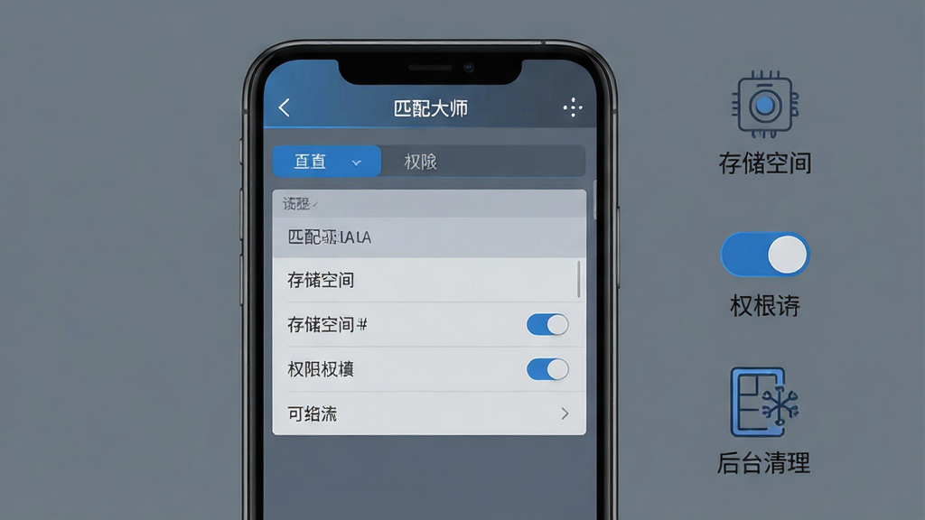 ����������һ���ֻ���Ļ��ʾ��Ϸ���ý��棬�Ա��д洢�ռ䡢Ȩ�޿��ء���̨������������ͼ�ꣻ����Ϊ�ֻ����С�ͼ�������������Ҳࣻ���Ϊ���Ƽ���UIʾ�⣻ϸ����ͼ�����������߷����ɫΪ���Ҵ��䡢�����������������ʸ��塢����ɾ����޶���Ԫ�أ����涥����