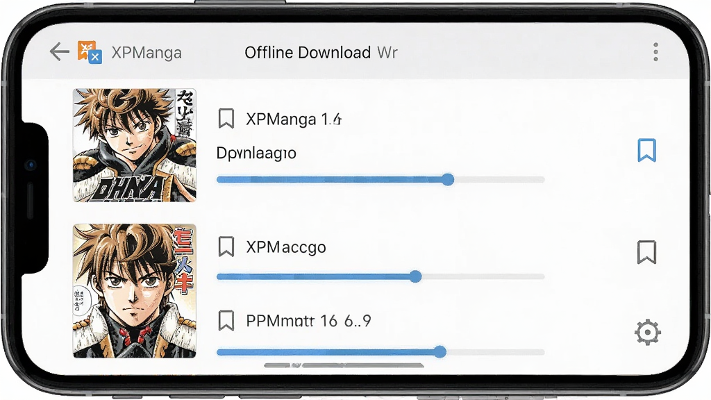 一张展示 XPManga 离线下载管理界面的手机截图,画面中列出多个已缓存漫画章节及下载进度条,旁边有书签图标标记,界面布局清晰,风格简约,画质干净,无多余元素