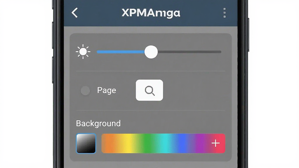 一张 XPManga 阅读设置面板的手机界面图,画面中显示亮度滑块、翻页方向选项和背景颜色选择器,排版工整,风格清爽,细节明确,画质干净,无多余元素