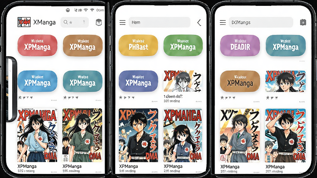 一张 XPManga 漫画分类页面的手机界面图,画面中展示多个彩色分类标签和漫画封面缩略图,布局整齐,风格清新明亮,细节丰富,画质清晰,无多余元素