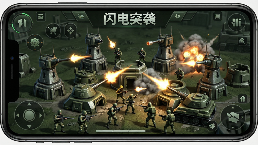 一张展示手机游戏战斗场景的图片,画面中央是军事风格塔防阵地,多个防御塔排列有序,前方有敌人正在进攻,炮火特效明显,界面顶部显示游戏名称