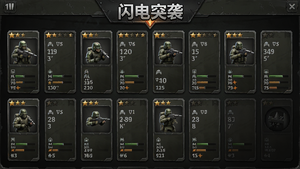 一张展示游戏内兵种选择界面的图片,画面中有多个防御单位卡片排列,每个卡片上有单位图标和属性数值,界面风格为深色军事风,顶部有