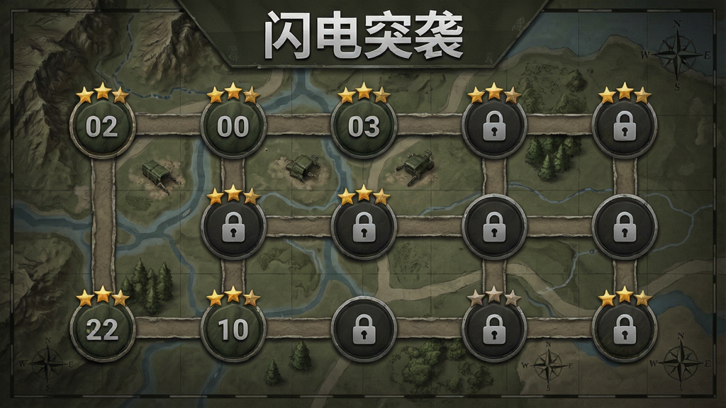 一张展示游戏关卡地图界面的图片,画面中有多个关卡节点以路径形式连接,节点上有星级评价标识,背景为军事地图风格,顶部有