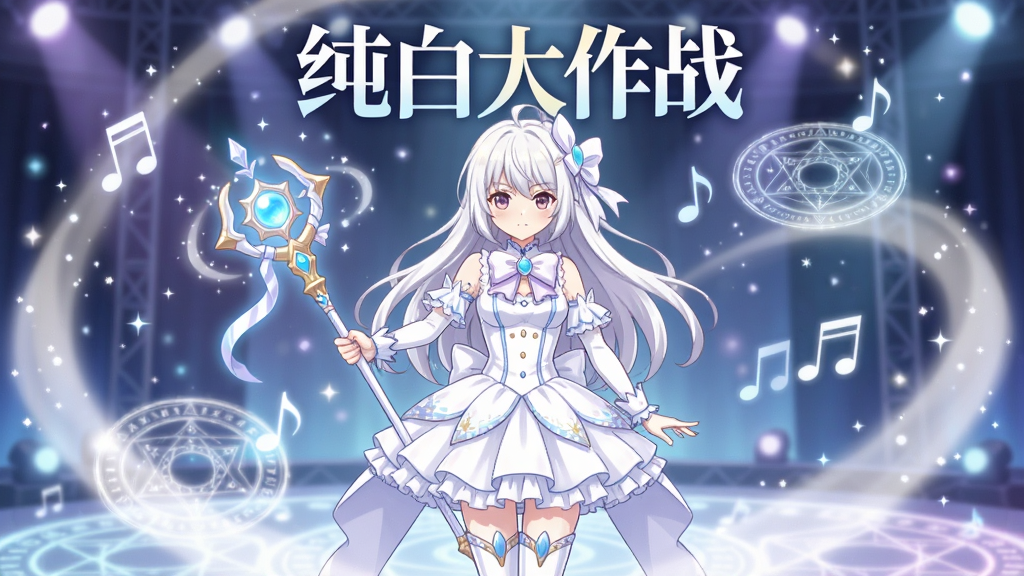 画面中央一位身穿纯白色魔法少女裙的动漫少女手持发光法杖,背景是漂浮着音符与魔法阵的梦幻舞台,四周环绕柔和的白色光晕与星光粒子,整体采用日系二次元插画风格,色彩以纯白、淡蓝、浅紫为主,人物立于画面正中,上方留白处写有“纯白大作战”艺术字样,画质高清细腻,画面干净无多余元素