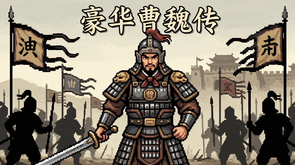 主体为一位身穿曹魏铠甲手持长剑的将领站在战场中央,布局采用中心对称构图,排版以人物为视觉焦点四周环绕战旗与士兵剪影,风格为复古国风像素与手绘结合,细节包括铠甲纹路、战旗飘动、远处城池轮廓,画质清晰干净无多余元素,画面中打文字“豪华曹魏传”