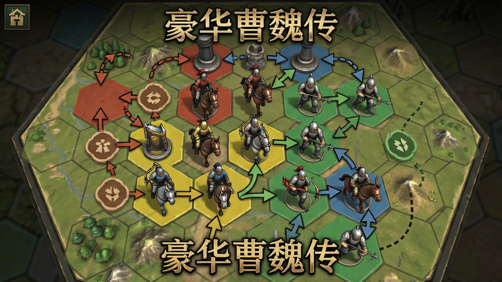 主体为六边形战棋棋盘地图上排列着骑兵弓兵步兵棋子,布局为俯视视角棋盘占据画面大部分,排版将不同兵种用颜色区分并标注克制箭头,风格为策略游戏界面风格,细节包括地形格、兵种图标、行动路线虚线,画质清晰干净无多余元素,画面中打文字“豪华曹魏传”