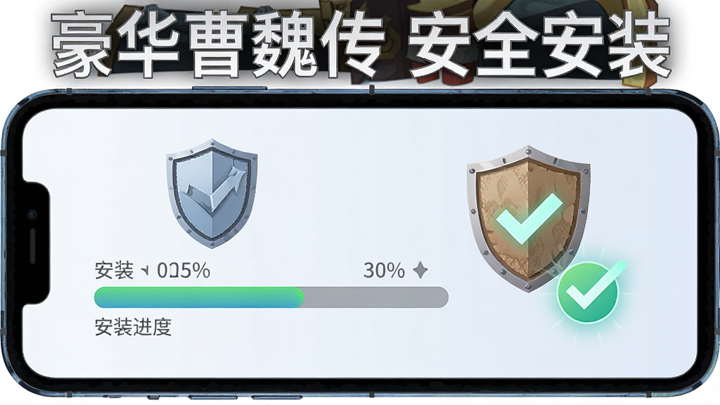 主体为一部智能手机屏幕显示游戏安装进度条旁边有盾牌图标与勾选标记,布局为手机居中左侧盾牌右侧勾选,排版简洁明了,风格为扁平化科技插画风格,细节包括进度条百分比、盾牌纹理、勾选光效,画质清晰干净无多余元素,画面中打文字“豪华曹魏传 安全安装”