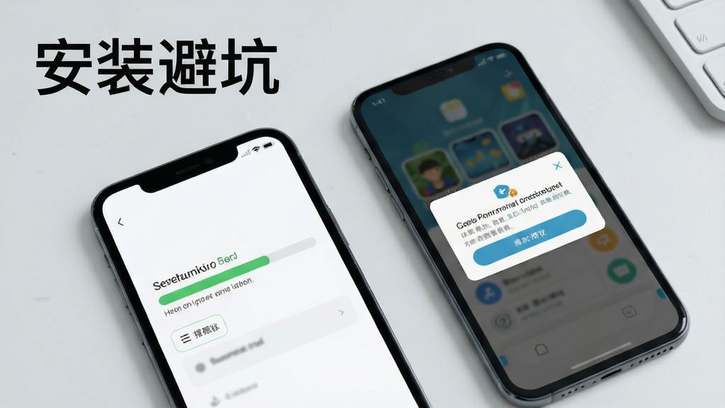 手机屏幕显示游戏安装进度条与权限授权弹窗,旁边放置一部智能手机,背景为简洁浅灰桌面,画面左上角文字