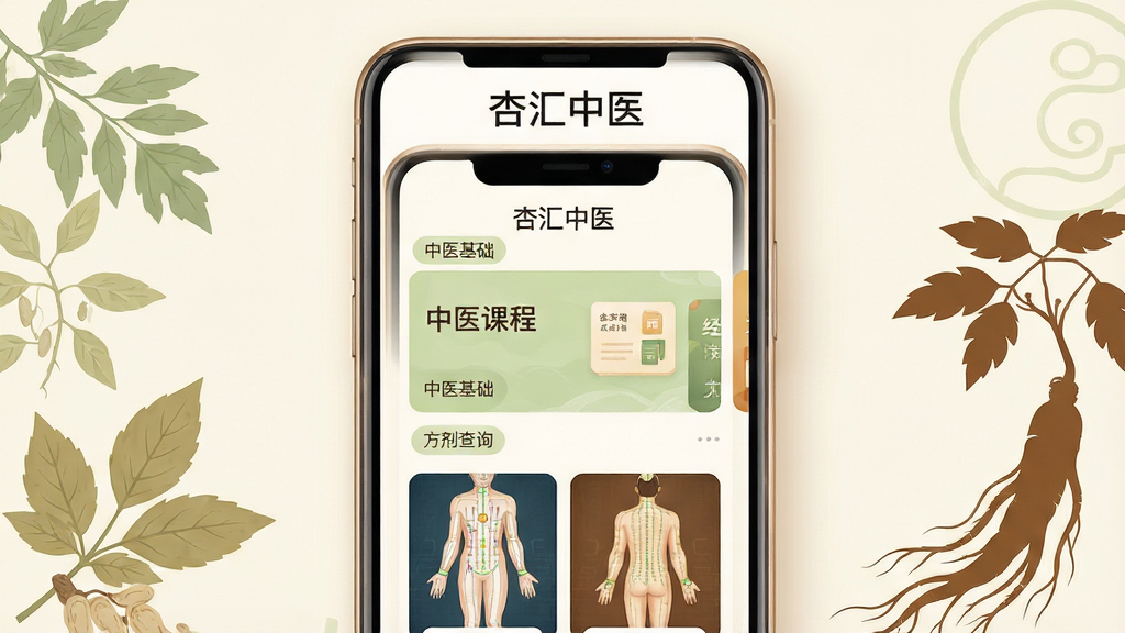 画面主体为一部竖屏智能手机,屏幕中央显示“杏汇中医”应用首页界面,包含课程卡片与经络图谱缩略图;布局采用居中对称构图,手机两侧点缀淡雅的中草药叶片与人参剪影;排版简洁,上方留白放置应用名称“杏汇中医”;风格为现代扁平化UI展示风,配色以米白、浅绿与暖棕为主;细节上屏幕内可见“中医基础”“方剂查询”等小字标签,手机边缘有柔和光影;画质清晰,干净,无多余元素。