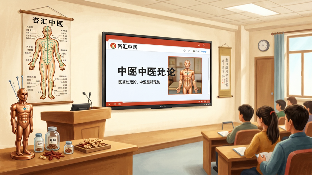 画面主体为一间明亮的中医教室,讲台后方悬挂人体经络挂图,前方大屏幕显示“杏汇中医”课程播放界面;布局为左侧讲台、右侧学员座位区,形成纵深透视;排版上屏幕内容占据视觉中心;风格为写实教育场景插画,色调温暖;细节包括讲桌上摆放的针灸铜人与中药材标本,屏幕内可见“中医基础理论”章节标题;画质细腻,干净,无多余元素。
