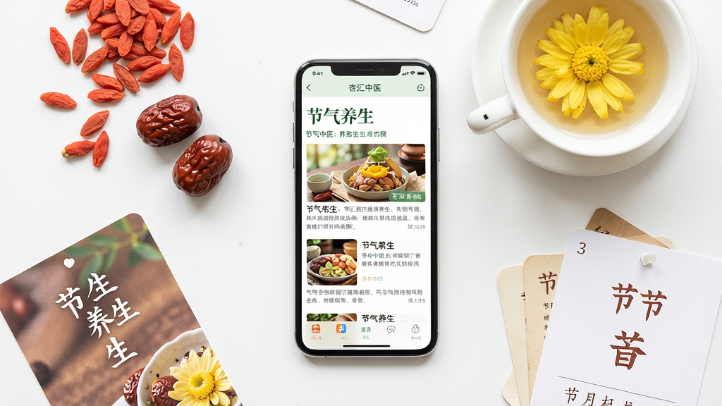 画面主体为一张俯视视角的桌面平铺图,中央放置手机显示“杏汇中医”养生文章列表页,四周环绕枸杞、红枣、菊花茶与节气卡片等元素;布局为对称式平铺构图;排版上手机位于正中,物品均匀分布;风格为清新生活方式摄影风,色调明亮;细节可见屏幕内“节气养生”标题与文章缩略图;画质清晰,干净,无多余元素。