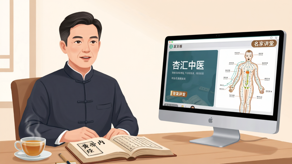 画面主体为一名身着中式立领上衣的中医师坐在书桌前,面对摄像头进行线上授课,电脑屏幕显示“杏汇中医”直播界面与经络示意图;布局为人物左侧、屏幕右侧,形成对话感;排版上屏幕内容清晰可读;风格为现代知识付费场景插画,色调柔和;细节包括桌上摊开的《黄帝内经》与茶杯,屏幕内可见“名家讲堂”标签;画质细腻,干净,无多余元素。