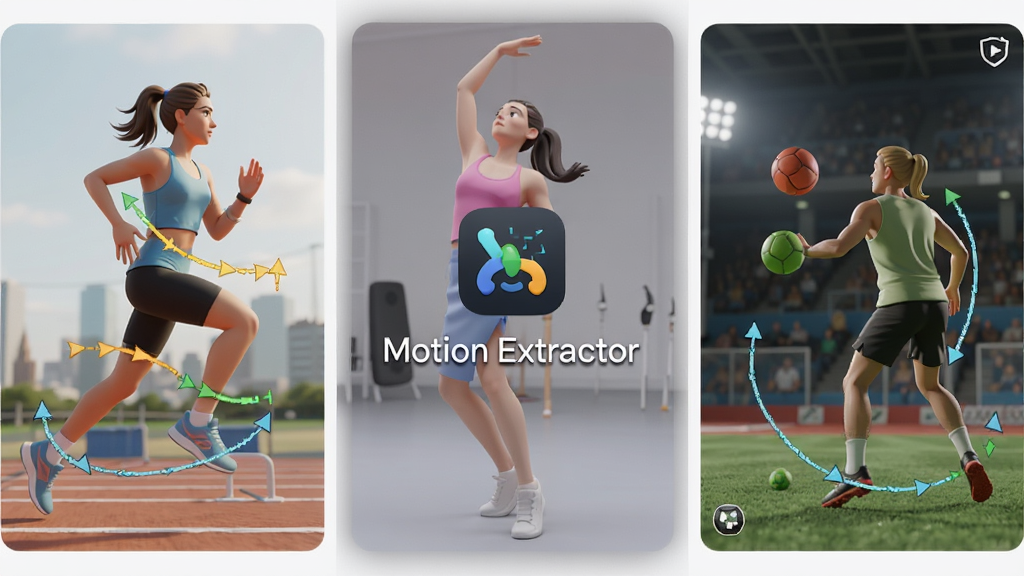 һ�� Motion Extractor �ೡ��Ӧ�ø���ͼ�������Ϊ��������ֱ�չʾ�ܲ����赸�������˶���Ƶ���棬ÿ�����������˶��켣��ע���м�������ͼ������� 