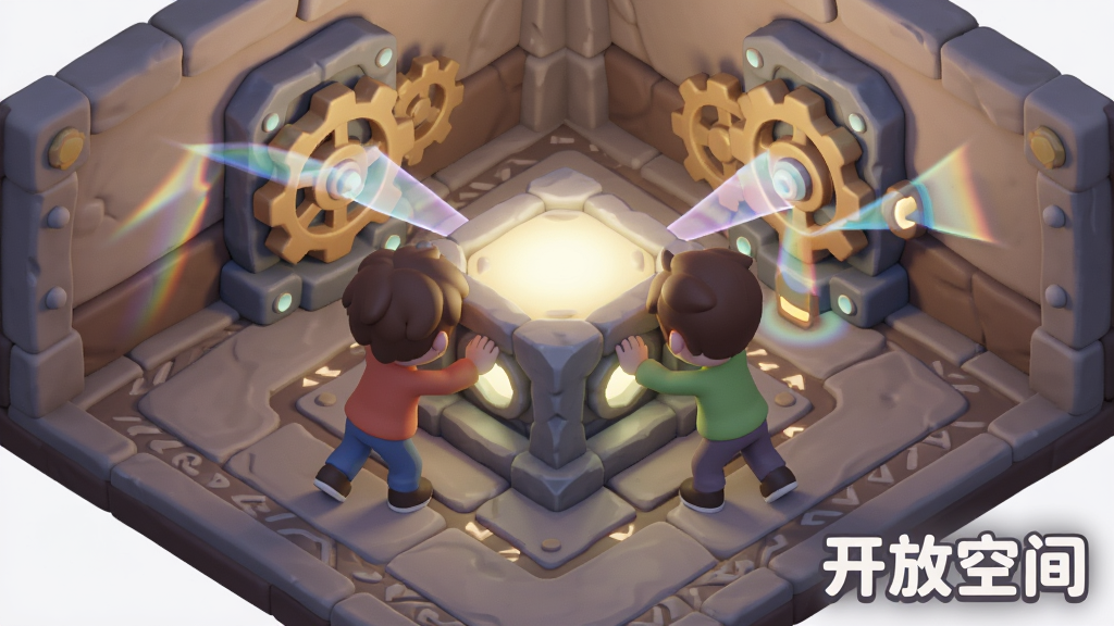画面描绘一款手游中的解谜场景,布局为斜45度视角的封闭房间,主体是两位卡通角色正合力推动一个发光石台,石台周围有齿轮与光线折射的机关,地面刻有纹路,风格为柔和卡通渲染,细节上突出机关的光效与角色的动作姿态,画面角落以圆润字体写着“开放空间”,画质清晰干净,无多余装饰