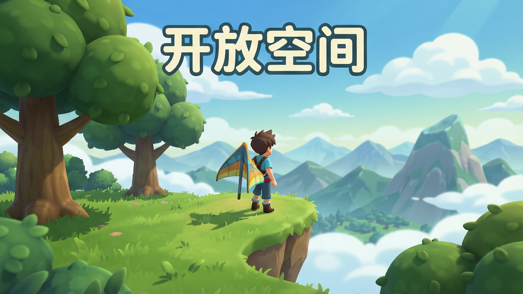 画面主体为一款卡通渲染风格的开放世界手游主界面,布局采用中心透视构图,前景是绿草如茵的缓坡与几棵造型圆润的大树,中景有一位背着滑翔翼的少年角色站在悬崖边眺望远方,远景是层叠的山峦与漂浮的云朵,风格为清新明快的日系动画渲染,细节上突出光影层次与植被的柔和质感,画面中央上方以圆润字体写着“开放空间”,整体画质清晰干净,无多余装饰元素
