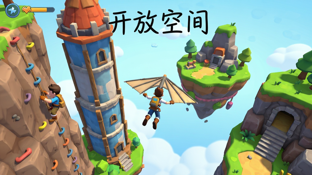 画面展示一款手游中的立体开放世界场景,布局为俯视与平视结合的广角视角,主体是一位角色正借助滑翔翼从高塔跃向对面的浮空岛屿,画面左侧是攀爬岩壁的路径,右侧是地下入口的阶梯,风格为明亮卡通渲染,细节上强调多层空间的纵深感与色彩对比,画面上方以手写体标注“开放空间”,画质细腻干净,无杂乱元素