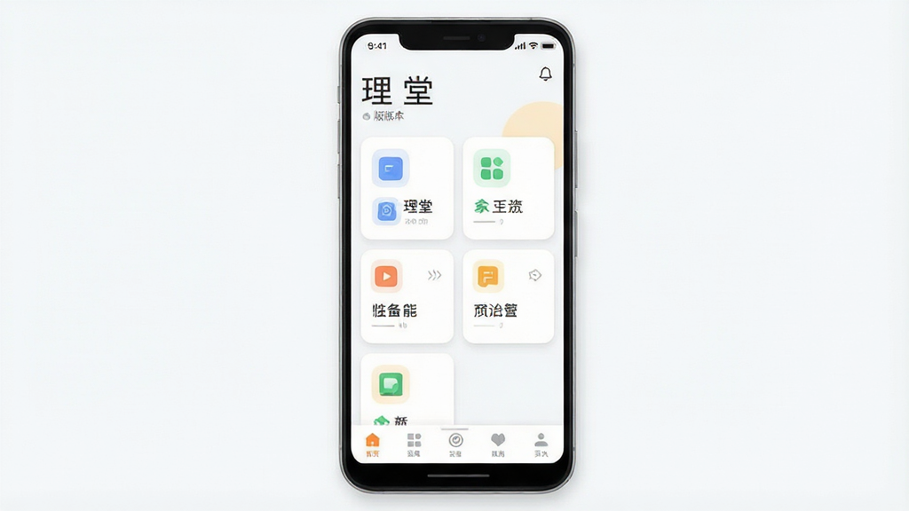 一张展示理堂应用主界面的手机样机图,主体为居中放置的安卓手机,屏幕内呈现理堂简洁清爽的首页布局,上方为应用名称“理堂”与版本标识,中部为功能卡片式排列,下方为底部导航栏,布局规整留白充足,风格为现代扁平化UI设计,细节包含圆角图标、浅色背景与柔和阴影,画质清晰干净,无多余元素