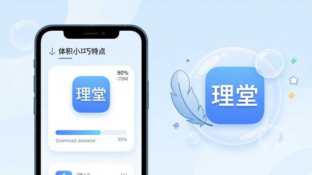 一张表现理堂应用安装包体积小巧特点的示意图,主体为一部手机屏幕显示下载进度条与“理堂”应用图标,旁边配有一个轻量的羽毛或气泡元素象征体积轻盈,布局为左右结构,左侧手机右侧图标与装饰元素,风格为清爽的科技插画风,细节包含进度百分比、圆角卡片与浅蓝渐变背景,画质干净清晰,无多余元素