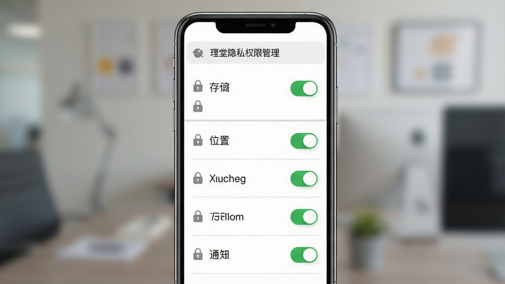 一张体现理堂应用隐私权限管理界面的示意图,主体为手机屏幕展示权限开关列表,包含存储、位置、通知等条目,每个条目旁有清晰的开关状态,布局为竖向列表居中展示,风格为简约商务风,细节包含锁形图标、浅灰分隔线与绿色开启状态标识,画质清晰干净,无多余元素
