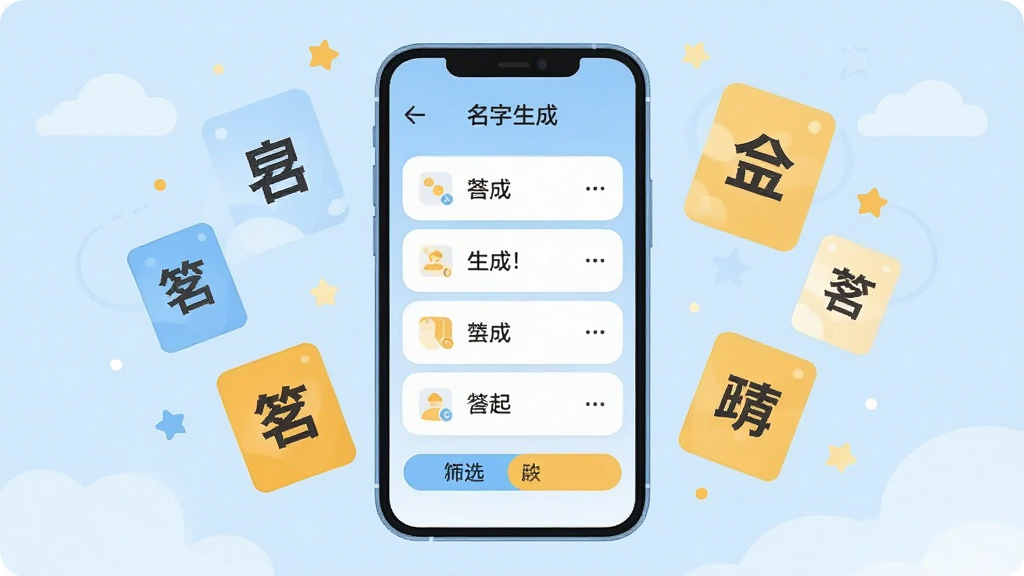 萌名工具箱应用主界面展示,画面中央摆放一部智能手机,屏幕显示名字生成列表与筛选按钮,周围漂浮着汉字卡片和星星点缀,整体采用扁平插画风格,色调以浅蓝和暖黄为主,布局简洁清晰,细节丰富,画质干净高清,无多余元素