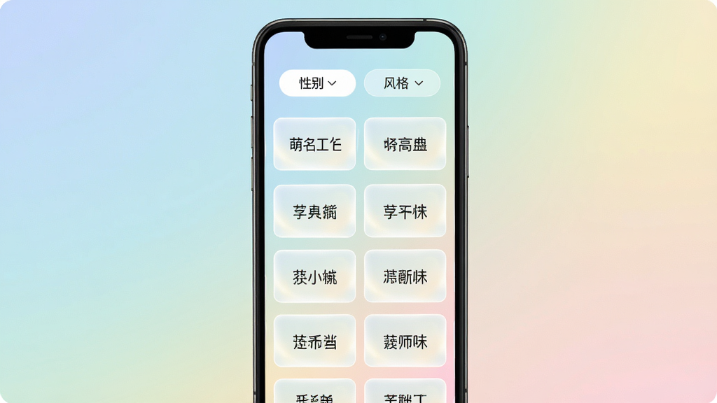 萌名工具箱智能名字生成功能界面,手机屏幕展示多个名字卡片整齐排列,顶部有性别与风格筛选标签,背景为柔和渐变,画面风格清新简约,汉字卡片带有微光效果,布局居中对称,画质干净高清,无杂乱装饰元素
