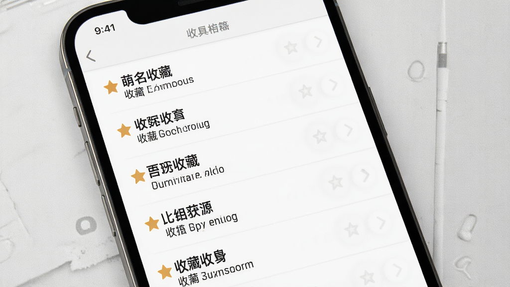 萌名工具箱收藏夹界面,手机屏幕展示多个收藏名字以列表形式排列,每项带有小星标和简短备注,背景为浅灰质感,风格简洁商务,布局上下分层,细节干净,画质高清,无多余装饰