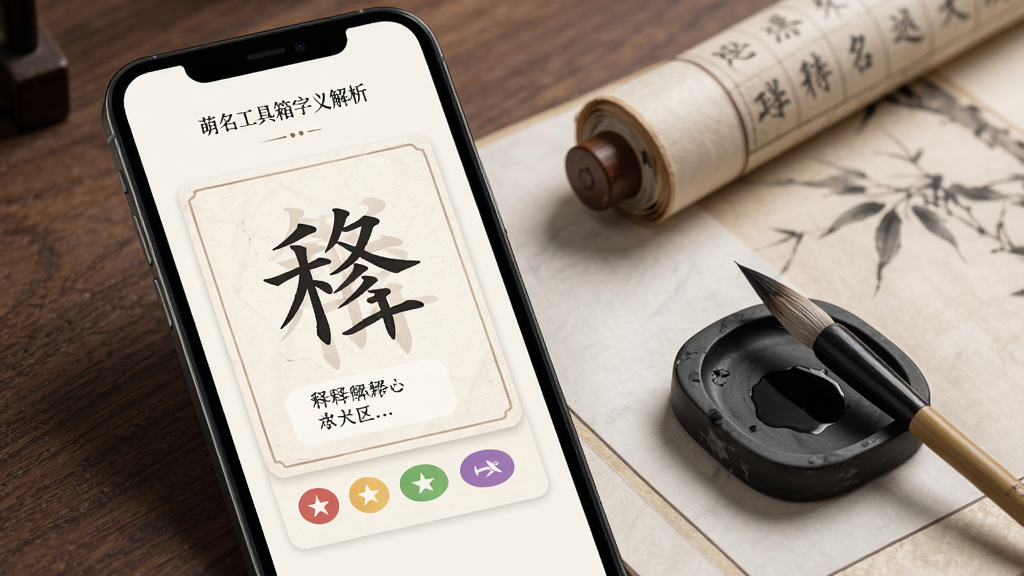 萌名工具箱字义解析页面,手机屏幕显示单个汉字的释义卡片与五行标签,旁边有书卷和笔墨元素点缀,整体风格素雅文气,布局左文右图,细节精致,画质干净清晰,无多余杂乱元素