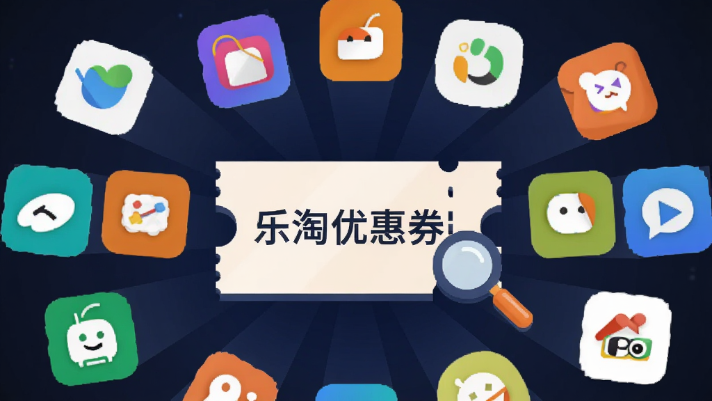 主体为多个电商平台图标环绕一个中心优惠券图标,布局呈圆形放射状,排版中心突出,风格为科技感扁平插画,细节包含各平台标志性颜色、优惠券锯齿边缘、放大镜元素,画质清晰干净无多余元素,图片中打文字
