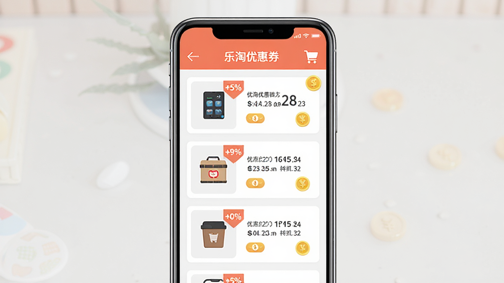 主体为一部智能手机居中放置,屏幕显示优惠券列表界面,布局采用左右分栏,左侧为商品缩略图右侧为优惠金额标签,排版整齐有序,风格为清新扁平化UI设计,细节包含购物车图标、折扣标签、金币元素点缀,画质高清干净无多余元素,图片中打文字