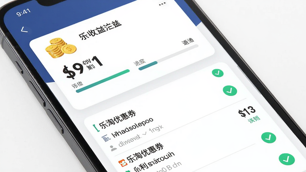主体为手机屏幕展示返利订单列表,布局为上下结构上方为收益汇总卡片下方为订单明细,排版左对齐信息层级分明,风格为简约商务风,细节包含金币堆叠图标、进度条、对勾标记,画质高清干净无多余元素,图片中打文字
