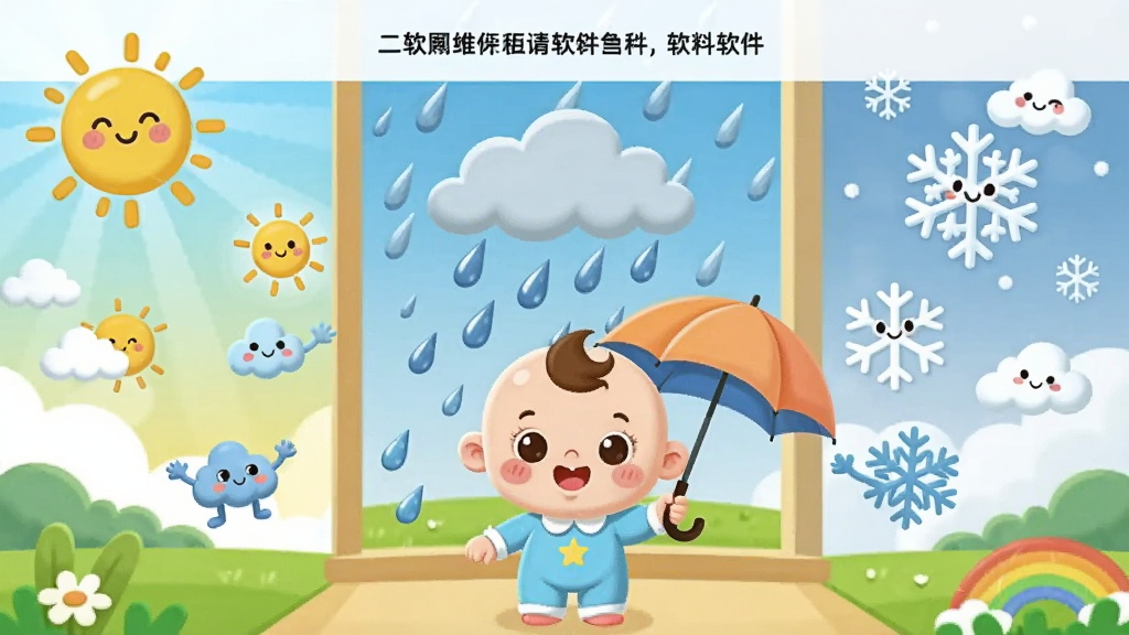 画面中央是一个可爱的卡通宝宝角色站在窗前,窗外同时呈现晴天太阳、雨滴云朵和雪花三种天气分区,宝宝手里拿着一把小雨伞,周围环绕着云朵、太阳、雨滴、雪花等拟人化天气图标,布局为左右对称的儿童插画风格,排版上方留白放置软件名称文字,风格为明亮活泼的扁平卡通插画,细节包括圆润线条、柔和渐变天空背景、草地和彩虹元素,画质清晰干净,无多余元素