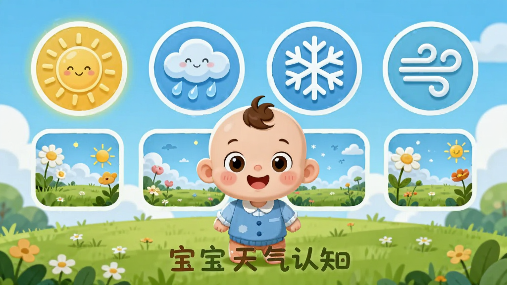 卡通宝宝角色站在草地中央,头顶上方排列着太阳、雨云、雪花、风四个圆形天气图标,每个图标下方对应一个小场景缩略图,布局为横向四格排列,排版居中,风格为儿童教育类扁平插画,细节包括图标发光效果、角色微笑表情、背景蓝天白云,画质高清干净,画面中带有