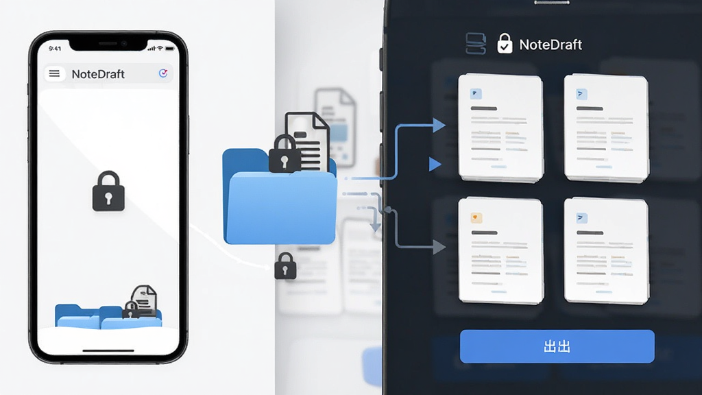 NoteDraft 本地存储与导出功能场景,画面展示手机与文件夹、文档图标之间的数据流动,界面中标注