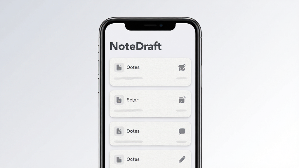 NoteDraft 笔记草稿工具官方主视觉,画面中央展示一部智能手机屏幕,屏幕上呈现简洁的笔记列表界面,标题写