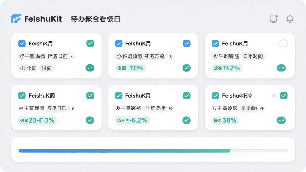 画面主体为FeishuKit的待办聚合看板界面,布局采用卡片式网格排列,排版上顶部为日期标题、中部为任务卡片列表、底部为进度条,风格为柔和圆角商务风,细节包括勾选状态、时间标签、进度百分比与蓝绿色点缀,画质高清干净,背景浅灰无杂乱元素